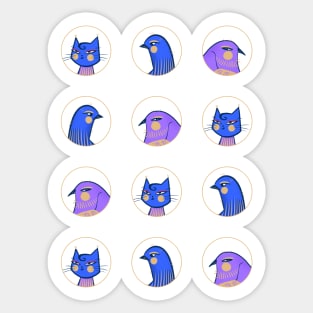 Two purple and blue male birds one blue lady cat, version 2 Sticker